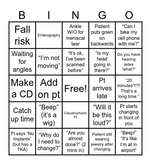MRI Bingo Card