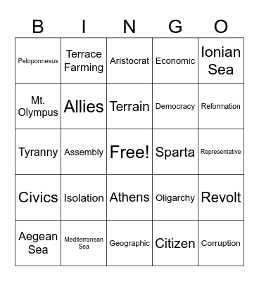 Unit 5 Greece Vocab Bingo Card