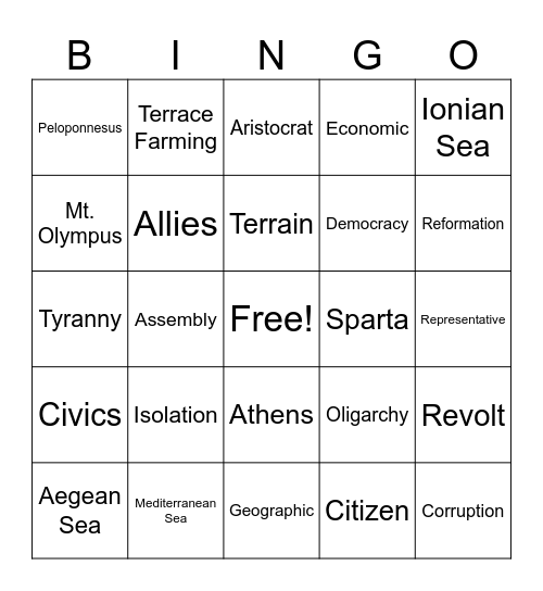 Unit 5 Greece Vocab Bingo Card