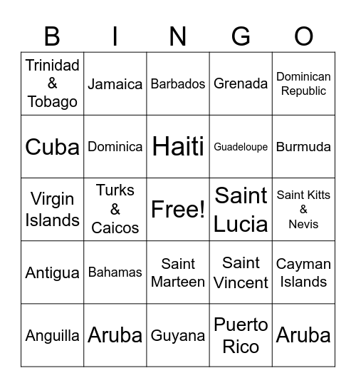 Islands in Caribbean Bingo Card