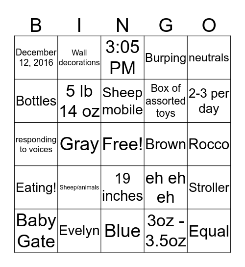 Evelyn Bingo Card