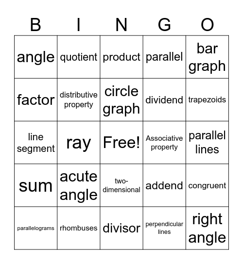 4th Grade Math Vocabulary Bingo Card
