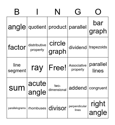 4th Grade Math Vocabulary Bingo Card