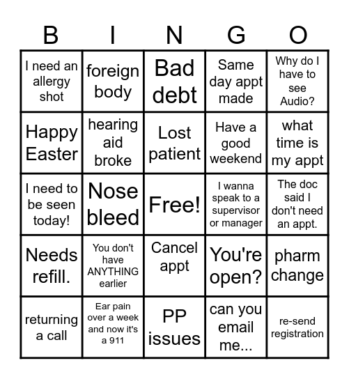 Call Center Bongo Bingo Card