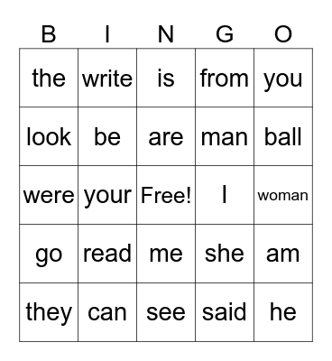 Beginning Words Bingo Card