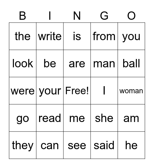 Beginning Words Bingo Card