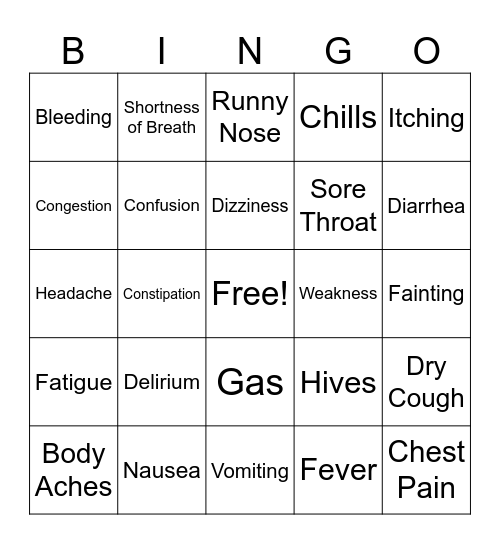 Symptom Bingo Card
