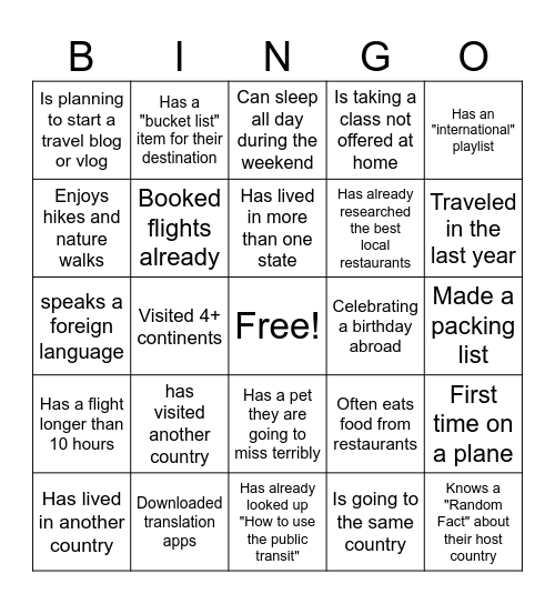 Study Abroad BINGO Card