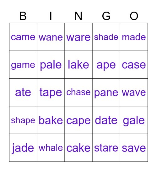A_E Word Practice Bingo Card