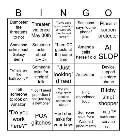 Tech Rep Bingo Card
