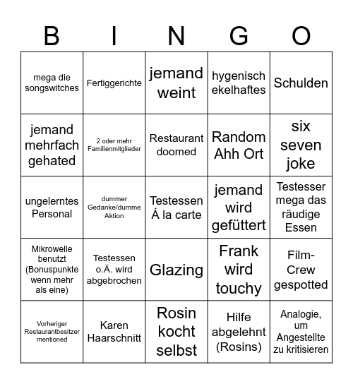 Rosins Restaurant Bingo Card