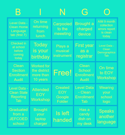 End Of Year Bingo Card
