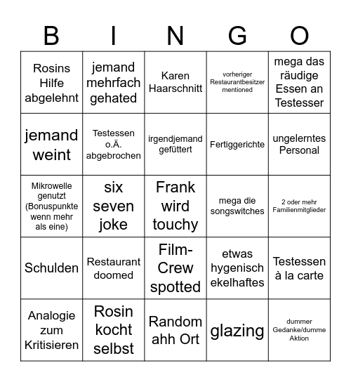 Rosins Restaurant Bingo Card