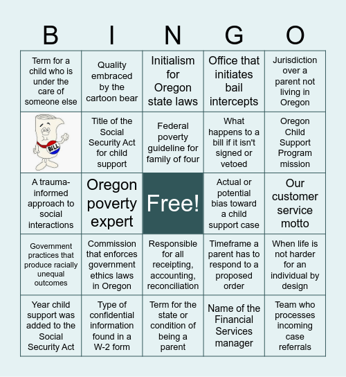 Oregon Child Support Program Bingo Card