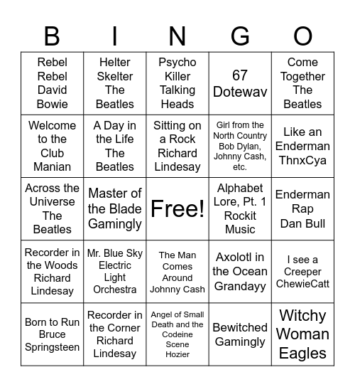 Good Friday Family Music Bingo Card