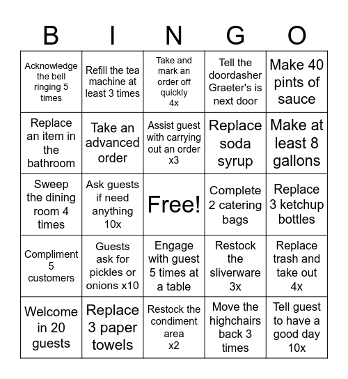 City BBQ Dining Room Bingo Card