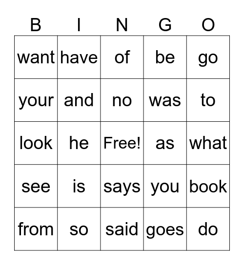 Kinder Heart Words Bingo Card