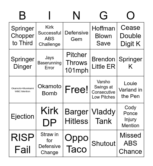 Jays Bingo Card