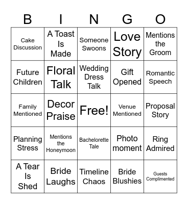 Bridal Bingo Card