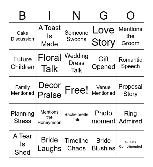 Bridal Bingo Card