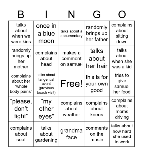 Grandma Yapping Bingo Card
