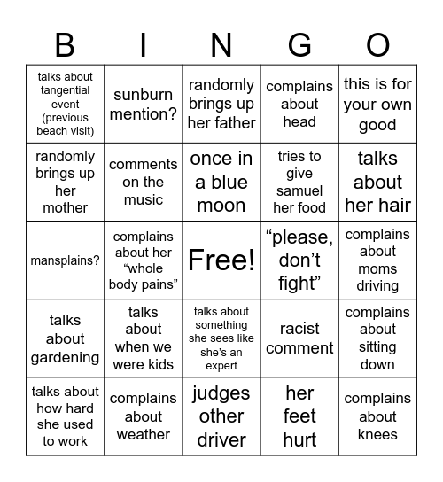 Grandma Yapping Bingo Card