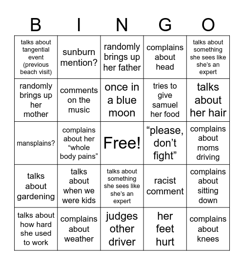Grandma Yapping Bingo Card