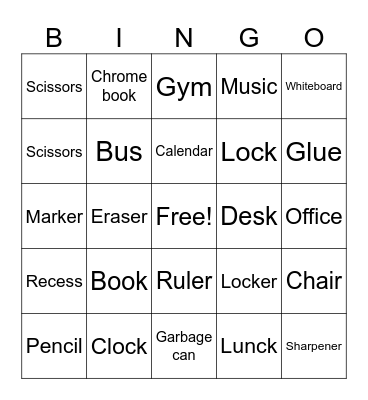 School Bingo Card