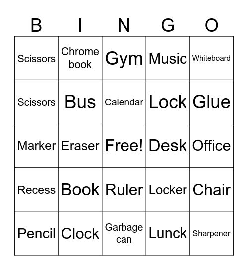 School Bingo Card
