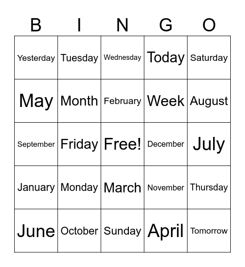 Calendar Bingo Card