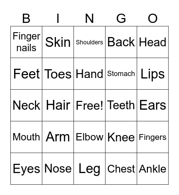 Body parts Bingo Card