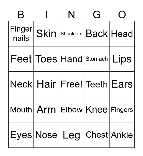 Body parts Bingo Card