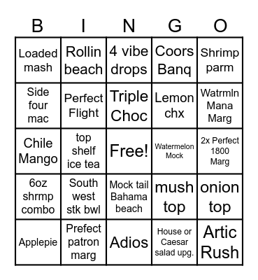 Applebees Bingo Card
