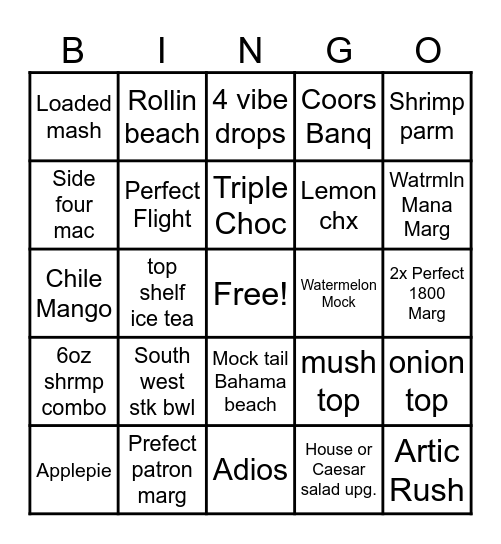Applebees Bingo Card
