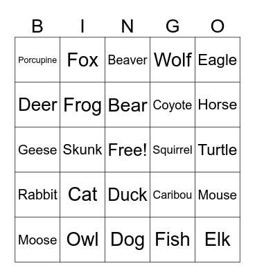 Animals Bingo Card