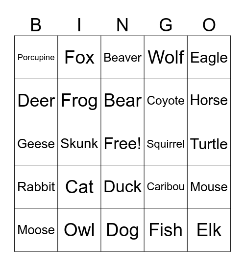 Animals Bingo Card