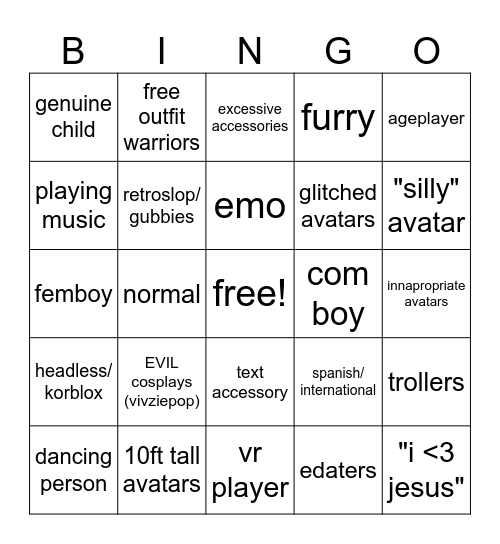 Catalog Avatar Creator SLOP Bingo Card