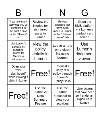 Lumen Bingo Card