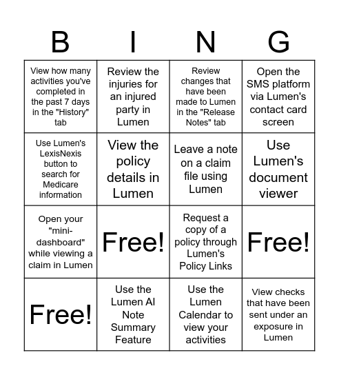Lumen Bingo Card