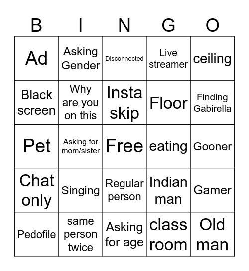 Omegle Bingo for Kids Bingo Card