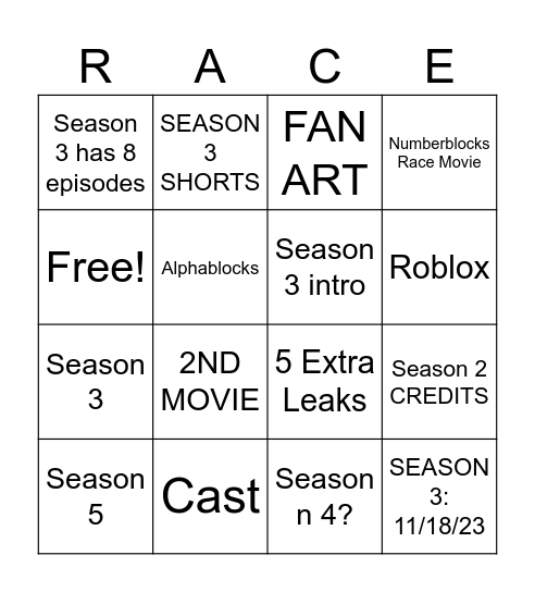 NUMBERBLOCKS RACE SEASON 3 Bingo Card