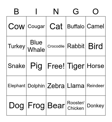 Animal Bingo Card