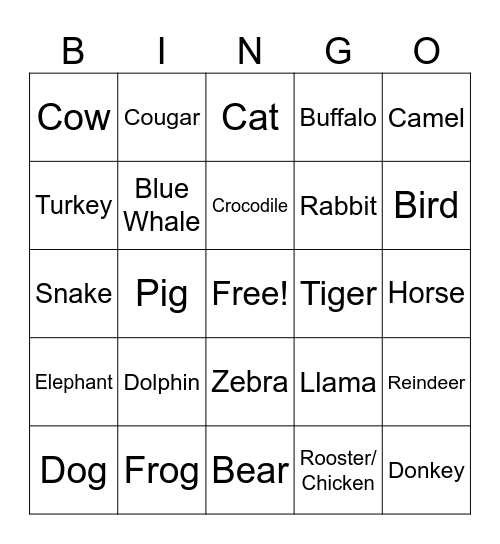 Animal Bingo Card