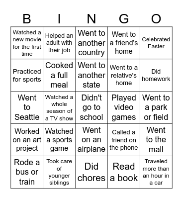 Spring Break BINGO! Bingo Card