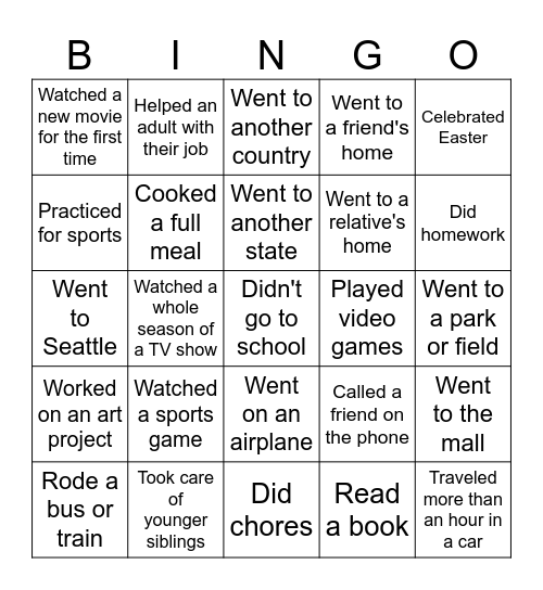 Spring Break BINGO! Bingo Card