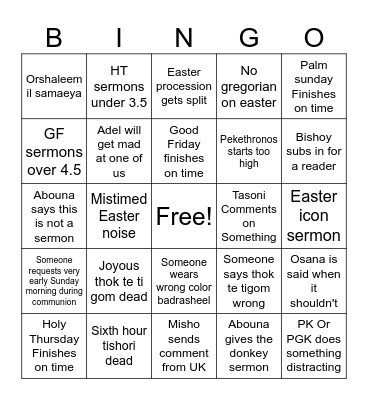 Bishoy Bingo Card