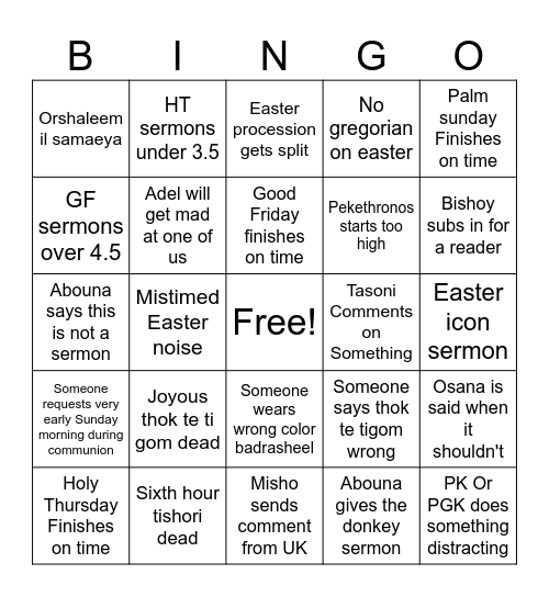 Bishoy Bingo Card