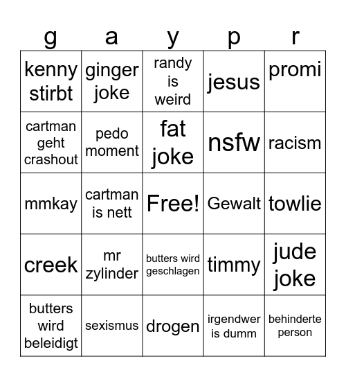 South Park Bingo Card