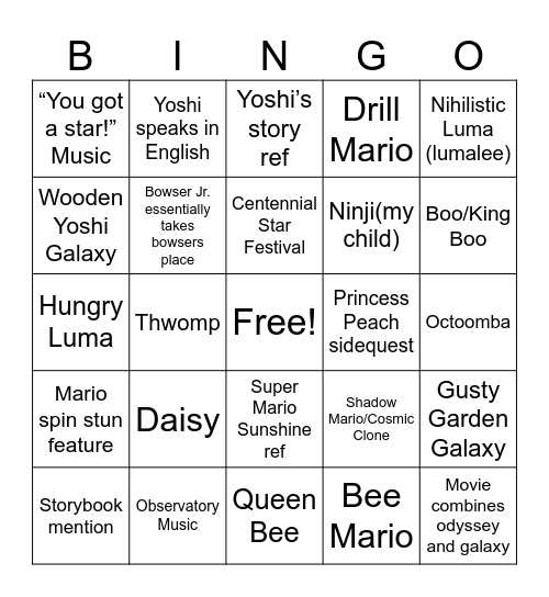 Super Mario Galaxy Movie Bingo Card