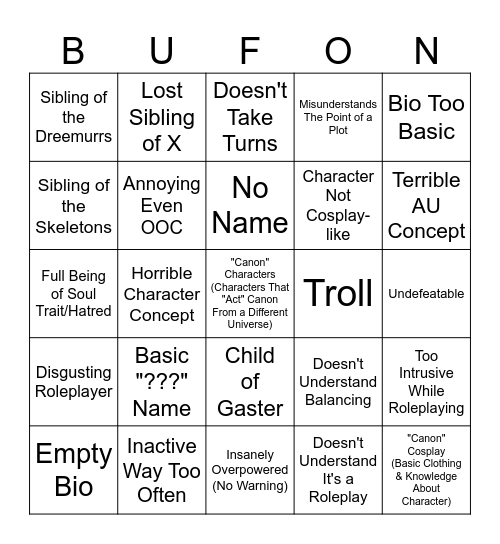 CDRP Buffoonery Bingo Card